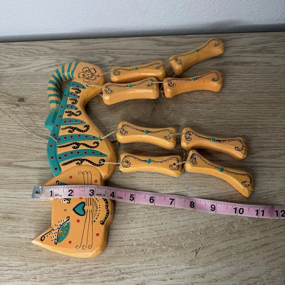 Cat Skeleton Wooden Hand Painted Orange & Turquoise Wind Chime Day Of‎ The Dead